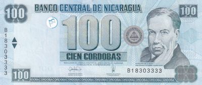 🌗乐淘淘世界纸币收藏拍卖 第36期🌓 【B18303333】尼加拉瓜2006年纸币 100科多巴 狮子号3333 无47 全新UNC