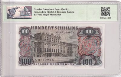 🌗乐淘淘世界纸币收藏拍卖 第36期🌓 【G 276996 C】奥地利1960年纸币 100先令 施特劳斯 TQG66GEPQ