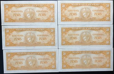 🌗乐淘淘世界纸币收藏拍卖 第36期🌓 古巴1958年纸币六张 50比索 边缘潮斑 UNC