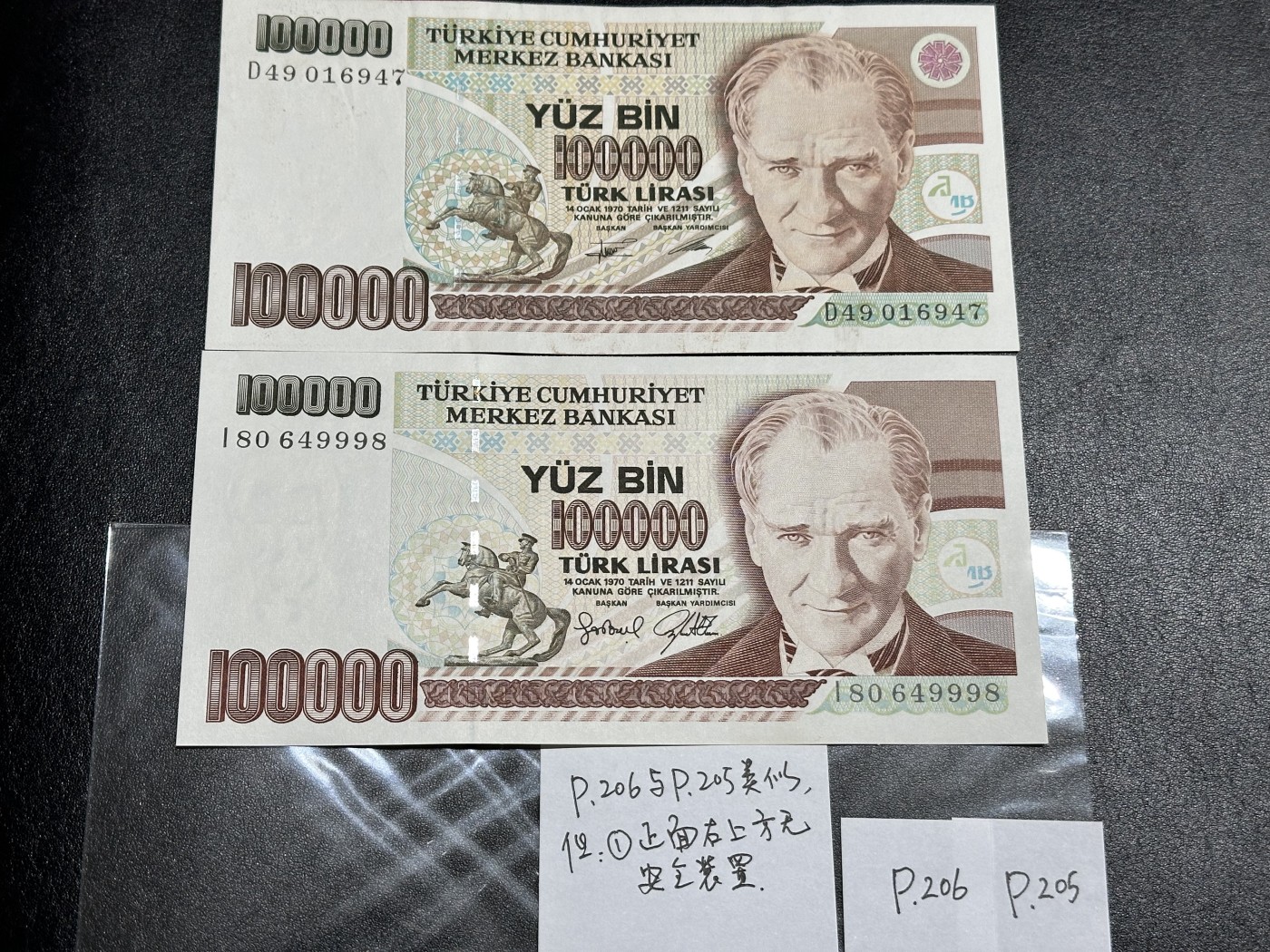 《外钞收藏家》第三百二十四期 地中海四国专场（土耳其/塞浦路斯/叙利亚/黎巴嫩） 土耳其1970年第二版10万里拉一对，诸多细节不同（P205/P206）一张全新一张AU