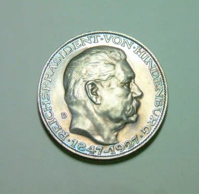 德国魏玛1927年 兴登堡80大寿5马克大银币 难得精制原光 - 德国魏玛1927年 兴登堡80大寿5马克大银币 难得精制原光