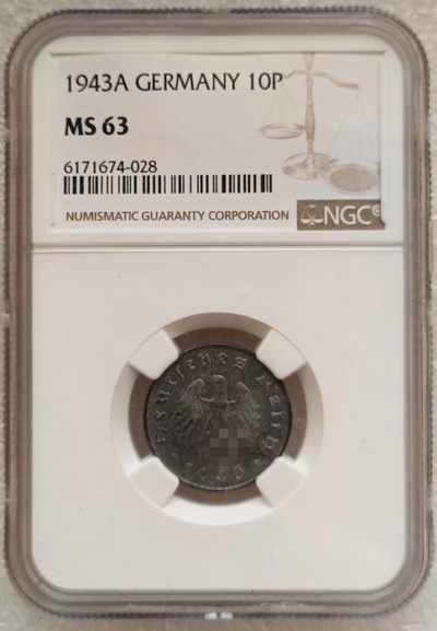 瓶子🏺第123期拍卖会  第三帝国1943年10芬尼  NGC MS63