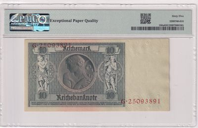 🌗乐淘淘世界纸币收藏拍卖 第36期🌓 【G25093891】德国1929年纸币 10马克 无47 PMG65EPQ