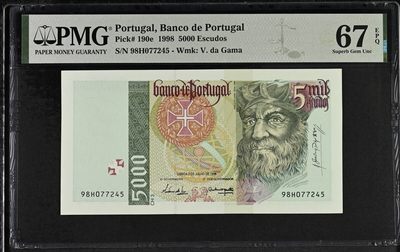 🌗乐淘淘世界纸币收藏拍卖 第36期🌓 【98H077245】葡萄牙1998年纸币 5000埃斯库多 PMG67EPQ