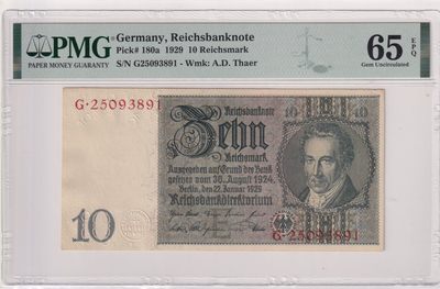 🌗乐淘淘世界纸币收藏拍卖 第36期🌓 【G25093891】德国1929年纸币 10马克 无47 PMG65EPQ