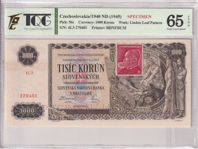 🌗乐淘淘世界纸币收藏拍卖 第36期🌓 【4L3 270401】捷克斯洛伐克1940年纸币 1000克朗 精美样钞 TQG65EPQD
