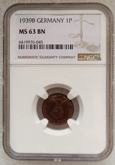瓶子🏺第123期拍卖会  第三帝国1939年1芬尼  NGC MS63
