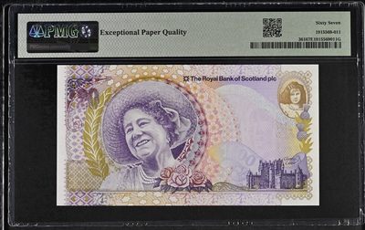 🌗乐淘淘世界纸币收藏拍卖 第36期🌓 【QETQM0003838】苏格兰2000年纸币 20镑 伊丽莎白王太后100周年纪念钞 千位号数三 PMG67EPQ