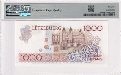 🌗乐淘淘世界纸币收藏拍卖 第36期🌓 【T98455】卢森堡1985年纸币 1000法郎 PMG66EPQ