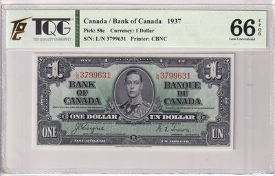 🌗乐淘淘世界纸币收藏拍卖 第36期🌓 【L/N 3799631】加拿大1937年纸币 1元 英王乔治 TQG66EPQD