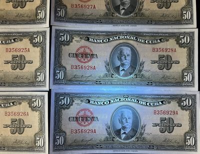 🌗乐淘淘世界纸币收藏拍卖 第36期🌓 古巴1958年纸币六张 50比索 边缘潮斑 UNC