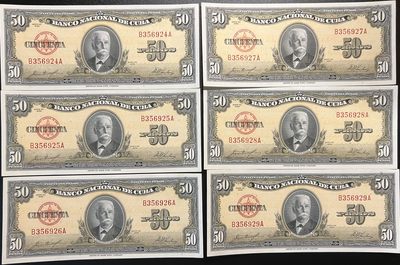 🌗乐淘淘世界纸币收藏拍卖 第36期🌓 古巴1958年纸币六张 50比索 边缘潮斑 UNC