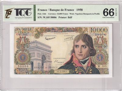 🌗乐淘淘世界纸币收藏拍卖 第36期🌓 【W.105 50006】法国1958年纸币 10000法郎 拿破仑 无47 有针孔 TQG66EPQD