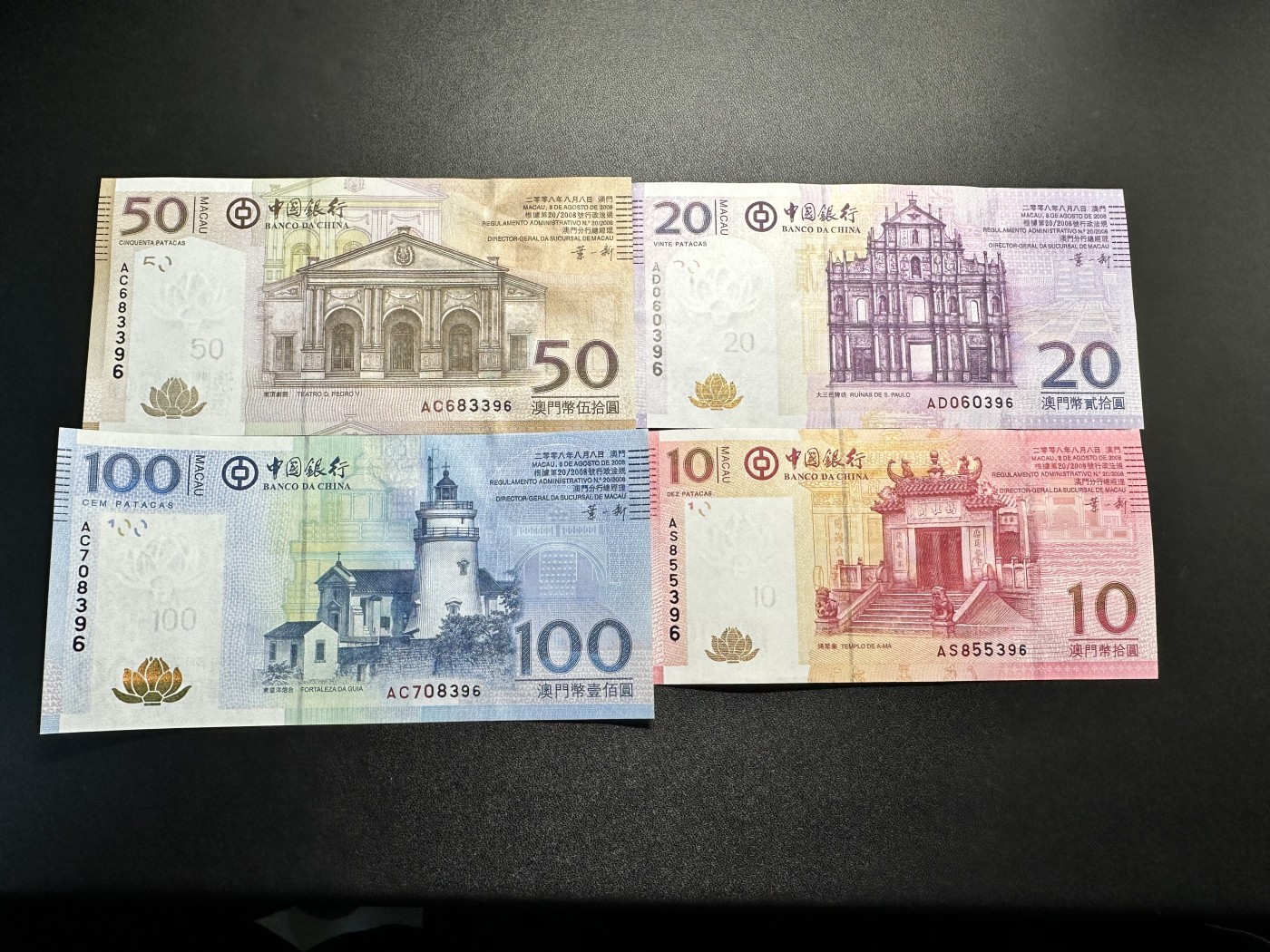 《外钞收藏家》第三百二十五期（连拍第二场） 2008年澳门中国银行四张小套 全新 尾三同