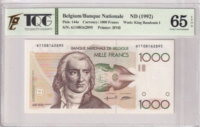 🌗乐淘淘世界纸币收藏拍卖 第36期🌓 【61108162895】比利时1992年纸币 1000法郎 长号无47 TQG65EPQD
