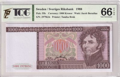 🌗乐淘淘世界纸币收藏拍卖 第36期🌓 【2979616】瑞典1988年纸币 1000克朗 TQG66EPQD