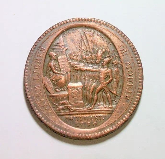 法国1792年 大革命莫奈龙5索尔高浮雕大铜币章 难得品相 40MM