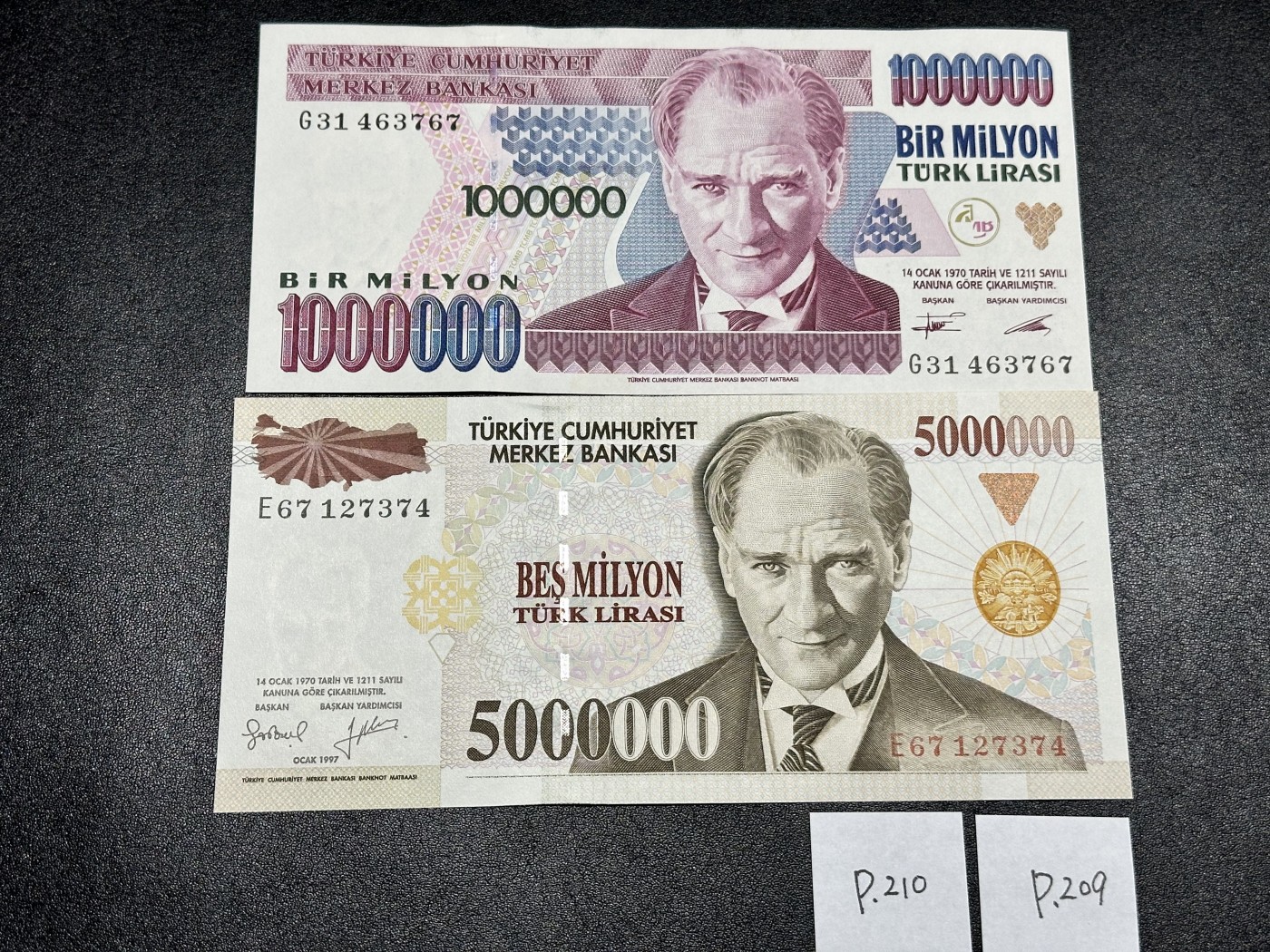 《外钞收藏家》第三百二十四期 地中海四国专场（土耳其/塞浦路斯/叙利亚/黎巴嫩） 土耳其1970年第二版100万/500万里拉一对（P209/P210）500万全新 100万疑似有折