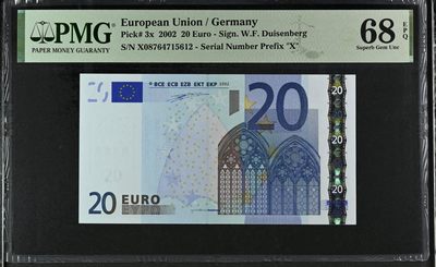 🌗乐淘淘世界纸币收藏拍卖 第36期🌓 【X08764715612】欧盟2002年纸币 20欧元 一签 德国版 PMG68EPQ 亚军分