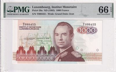 🌗乐淘淘世界纸币收藏拍卖 第36期🌓 【T98455】卢森堡1985年纸币 1000法郎 PMG66EPQ