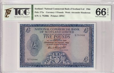 🌗乐淘淘世界纸币收藏拍卖 第36期🌓 【L 752886】苏格兰1966年纸币 5镑 精美稀缺品 TQG66GEPQ