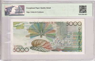 🌗乐淘淘世界纸币收藏拍卖 第36期🌓 【70303648697】比利时1986年纸币 5000法郎 大蜻蜓 TQG66EPQD