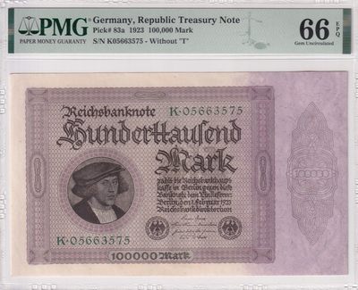 🌗乐淘淘世界纸币收藏拍卖 第36期🌓 【K05663575】德国1923年纸币 100000马克 百年老钞 PMG66EPQ 亚军分