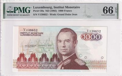 🌗乐淘淘世界纸币收藏拍卖 第36期🌓 【V138652】卢森堡1985年纸币 1000法郎 无47 PMG66EPQ