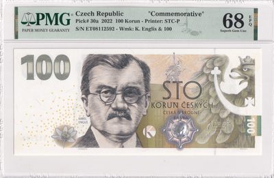 🌗乐淘淘世界纸币收藏拍卖 第36期🌓 【ET08112592】捷克2022年纸币 100克朗 无47 PMG68EPQ