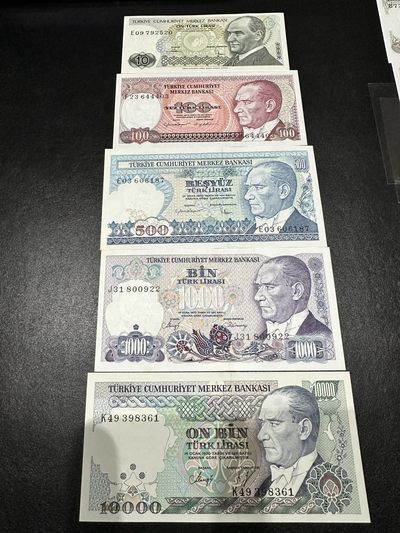 《外钞收藏家》第三百二十四期 地中海四国专场（土耳其/塞浦路斯/叙利亚/黎巴嫩） - 土耳其1970年第二版10/100/500/1000/1万里拉（P193-P196、P200）全新 有三张轻微潮