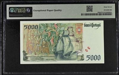 🌗乐淘淘世界纸币收藏拍卖 第36期🌓 【98H077245】葡萄牙1998年纸币 5000埃斯库多 PMG67EPQ