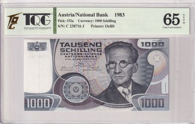 🌗乐淘淘世界纸币收藏拍卖 第36期🌓 【C 238716 J】奥地利1983年纸币 1000先令 薛定谔 TQG65GEPQ