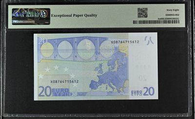 🌗乐淘淘世界纸币收藏拍卖 第36期🌓 【X08764715612】欧盟2002年纸币 20欧元 一签 德国版 PMG68EPQ 亚军分