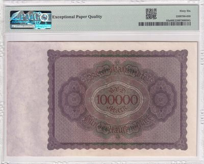 🌗乐淘淘世界纸币收藏拍卖 第36期🌓 【K05663575】德国1923年纸币 100000马克 百年老钞 PMG66EPQ 亚军分