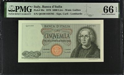 🌗乐淘淘世界纸币收藏拍卖 第36期🌓 【Q0100 048705】意大利1970年纸币 5000里拉 哥伦布 PMG66EPQ