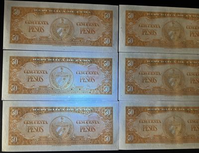 🌗乐淘淘世界纸币收藏拍卖 第36期🌓 古巴1958年纸币六张 50比索 边缘潮斑 UNC