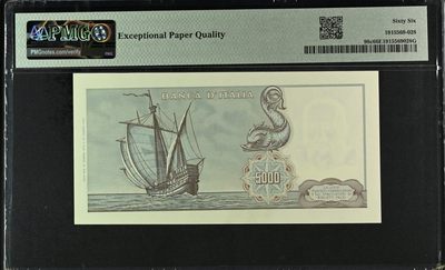 🌗乐淘淘世界纸币收藏拍卖 第36期🌓 【Q0100 048705】意大利1970年纸币 5000里拉 哥伦布 PMG66EPQ