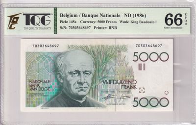 🌗乐淘淘世界纸币收藏拍卖 第36期🌓 【70303648697】比利时1986年纸币 5000法郎 大蜻蜓 TQG66EPQD