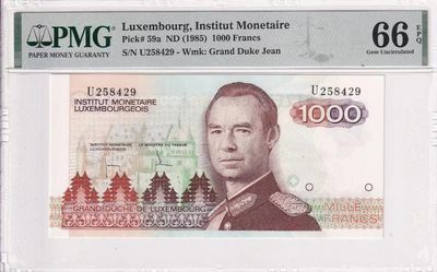 🌗乐淘淘世界纸币收藏拍卖 第36期🌓 【U258429】卢森堡1985年纸币 1000法郎 PMG66EPQ