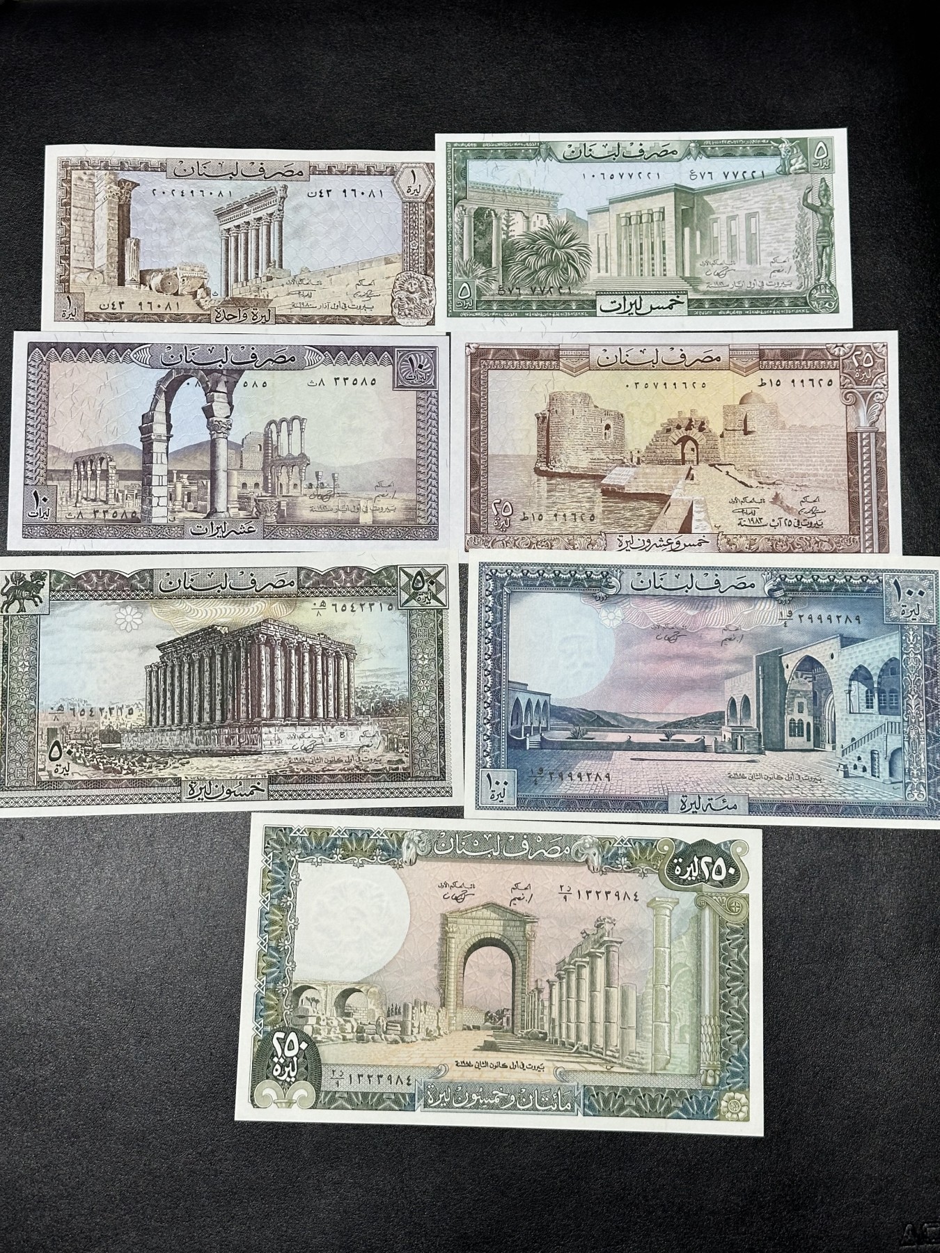 《外钞收藏家》第三百二十四期 地中海四国专场（土耳其/塞浦路斯/叙利亚/黎巴嫩） 黎巴嫩银行首版1978-88年1/5/10/25/50/100/250镑（P61-P67）7枚全套 全新