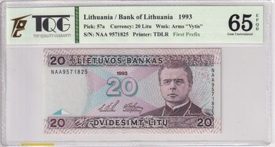 🌗乐淘淘世界纸币收藏拍卖 第36期🌓 【NAA 9571825】立陶宛1993年纸币 20立特 首发冠 TQG65EPQD