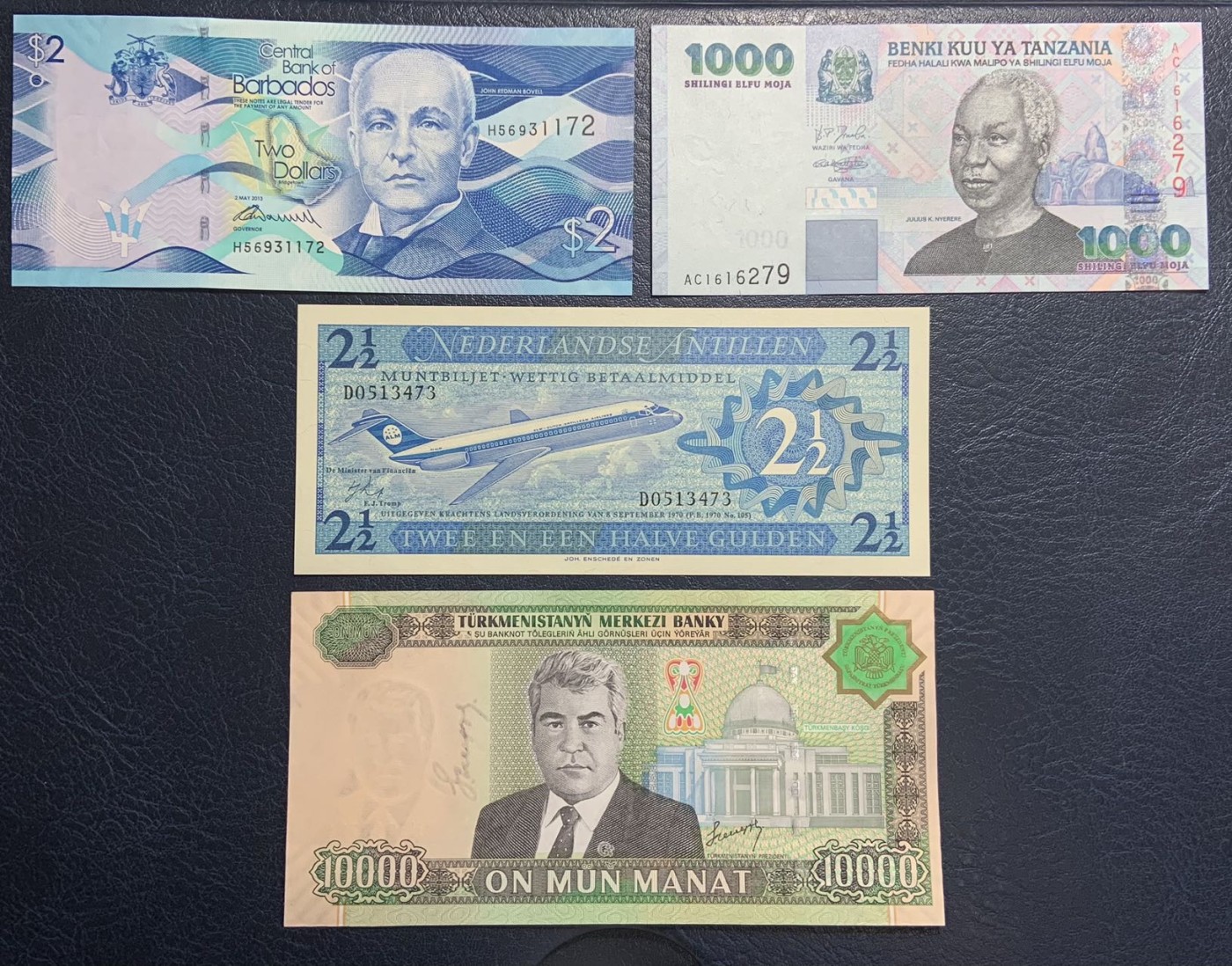 收藏联盟Quantum Auction 第314期拍卖  巴巴多斯2元，坦桑尼亚1000先令，荷属安德列斯以及土库曼斯坦2005年10000马纳特 品相全新UNC 巴巴多斯边角微瑕