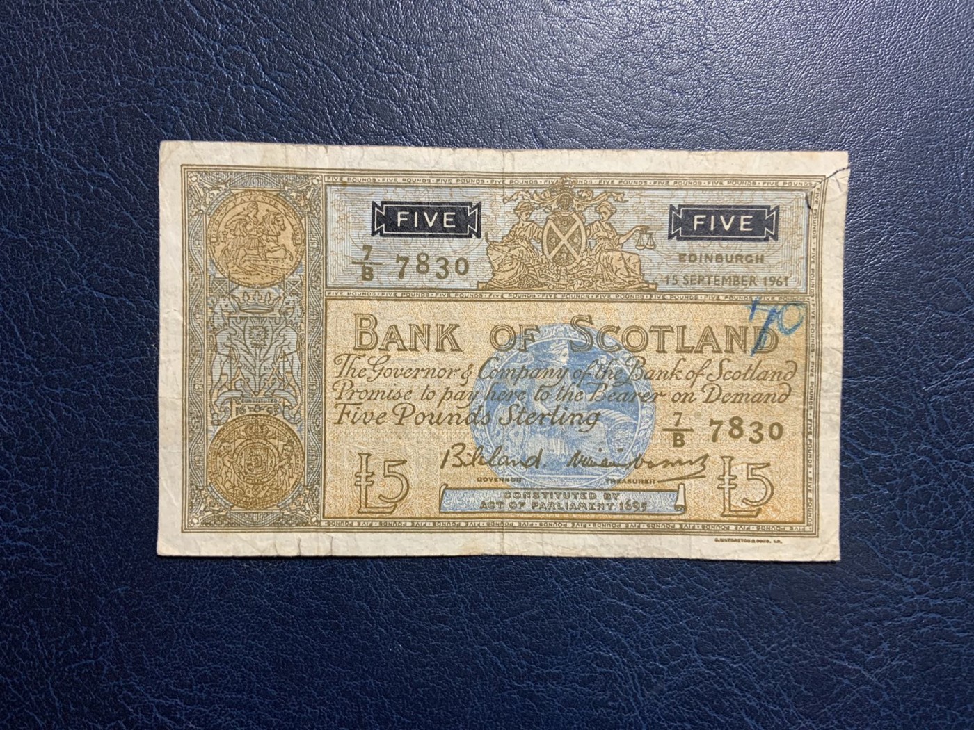 收藏联盟Quantum Auction 第314期拍卖  苏格兰银行1961年5镑 品相如图 稀少 冠号仅千位