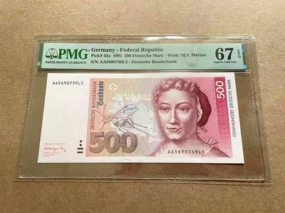 【Blue Auction】✨世界纸币精拍第411期【精】 - 【初版AA冠】德国 1991年500马克 梅里安 PMG67EPQ 高分