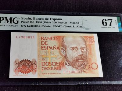 刘世昌艺术品销售中心～虎踞龙蟠*金杨在线联拍群第508期 - 西班牙1980年200比塞塔（PMG  67E  号码：L7306034）1枚。