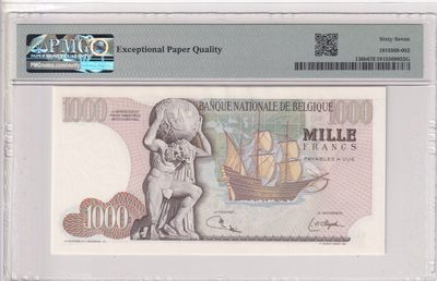 🌗乐淘淘世界纸币收藏拍卖 第36期🌓 【1680U1772】比利时1961-75年纸币 1000法郎 PMG67EPQ 亚军分