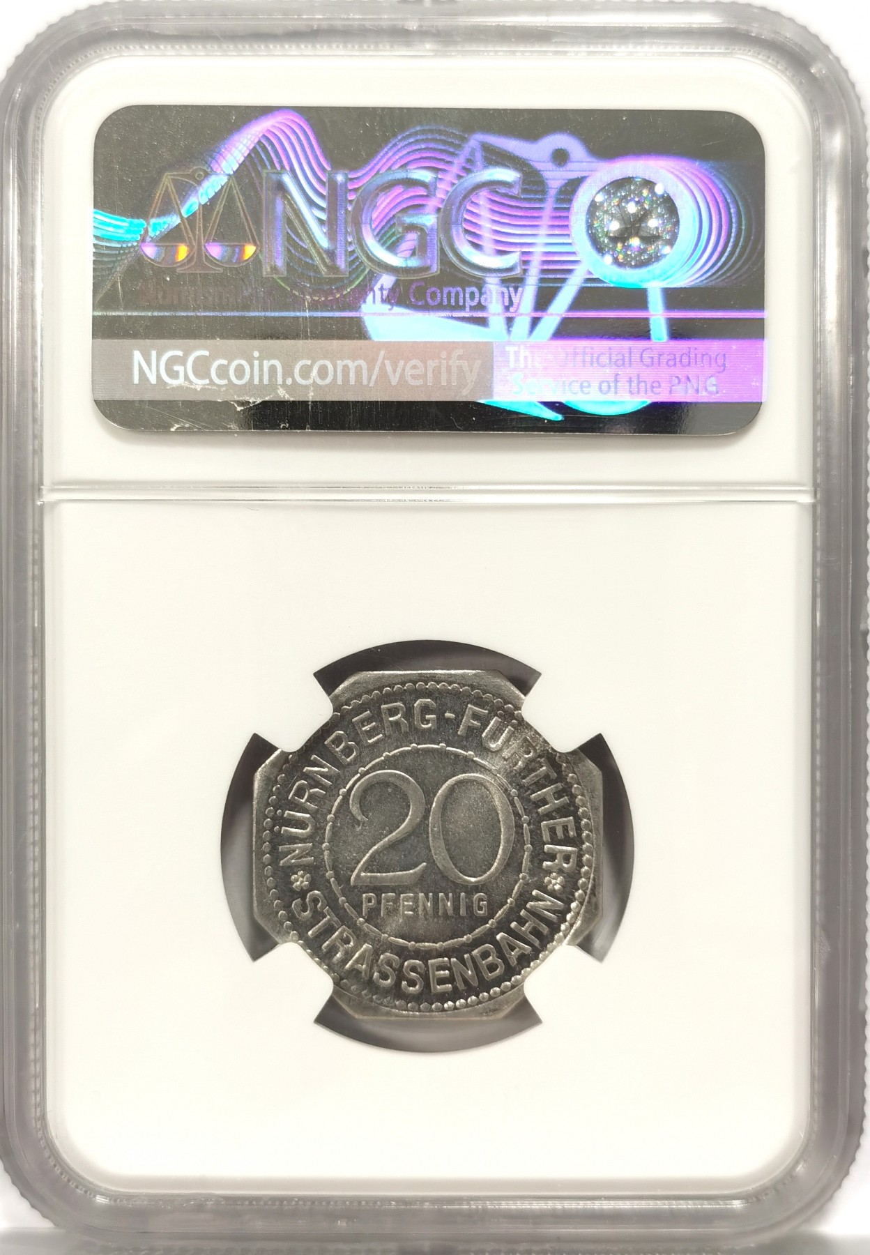 博洋堂世界钱币拍卖第058期（全场包邮） NGC MS65 德国1920年纽伦堡20P电车代用币，景观铝币，高分细节好