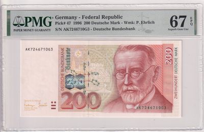 🌗乐淘淘世界纸币收藏拍卖 第36期🌓 【AK7246710G3】德国1996年纸币 200马克 埃尔利希 PMG67EPQ