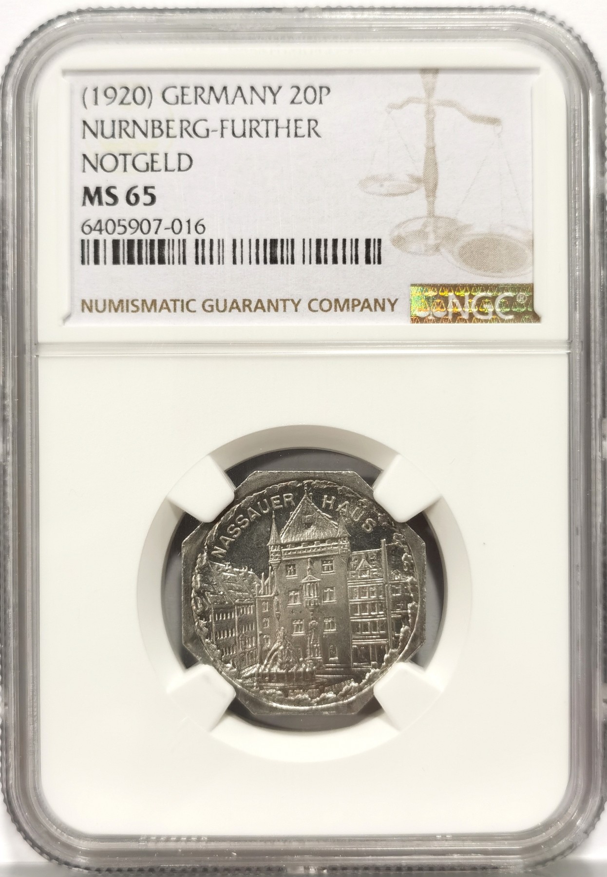 博洋堂世界钱币拍卖第058期（全场包邮） NGC MS65 德国1920年纽伦堡20P电车代用币，景观铝币，高分细节好