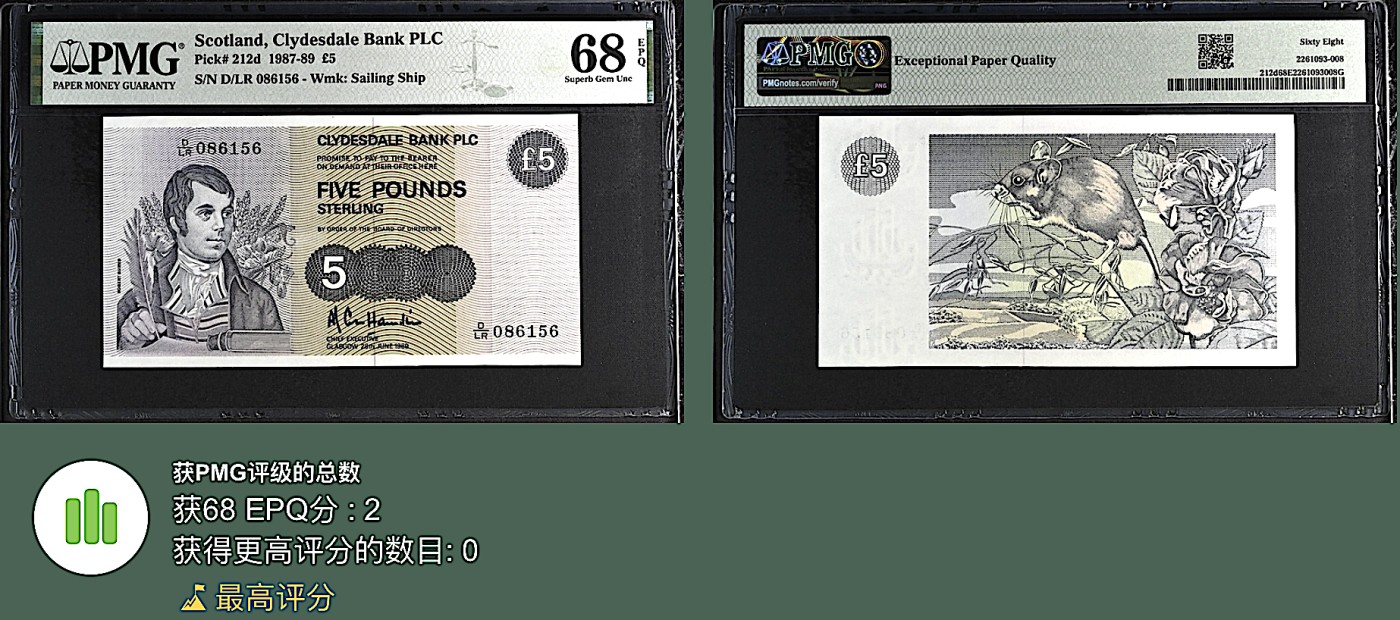 《张总收藏》132期-元旦外币精品汇 苏格兰5镑 PMG68E 1987-1989年 克莱斯戴尔银行大尺寸版本 无47冠军分 仅2张